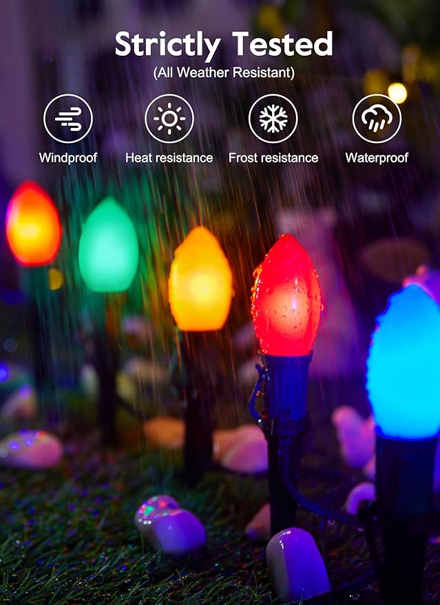 Frosted C9 Christmas Lights Outdoor, 25.7 Ft Christmas Pathway Lights with 20 LED Bulbs and Stakes, Connectable Christmas Yard Decorations Walkway Sidewalk Holiday, Multicolor