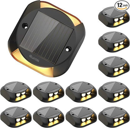 Quntis Solar Driveway Lights Outdoor Waterproof 12 Pack, LED Solar Deck Lights Dock Lighting, Dusk to Dawn Fast Charging, Warning Step Light for Driveway Sidewalk Pathway Stair Garden Yard, Warm White