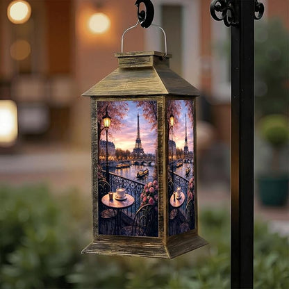 Solar Lantern Outdoor Waterproof Vintage Paris Eiffel Tower French Cityscape Cafe Decor Romantic City Garden Decor LED Solar Lights Hanging/Tabletop Lamp Gifts for Women Mom for Outside Yard Patio