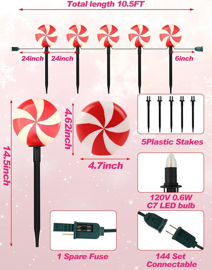 Set of 5 Peppermint Christmas Pathway Lights, Enchanting Outdoor Candy Cane Decorations for Yard, Bright C7 LED Holiday Walkway Light Stakes for a Magical Winter Wonderland Welcome