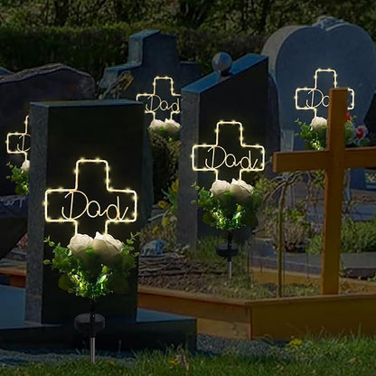 Lmtocs New Version Solar Cross Light for Cemetery Dad, 2 Modes with Rose Flower for Dad Grave Decorations, Waterproof Outdoor Light for Christmas Father Day Memorial Day Grave Decor
