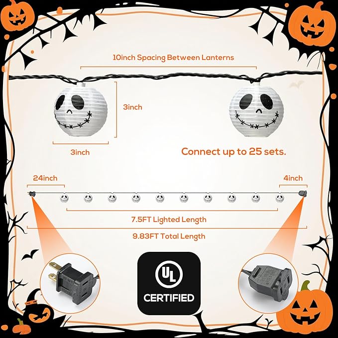 Halloween Ghost Jack Skellington Lantern String Lights, Halloween Lanterns String Lights of 10 Pack Festive White Ghost Jack Face for Spooky Outdoor & Indoor Displays Decorations