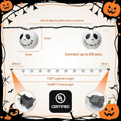 Halloween Ghost Jack Skellington Lantern String Lights, Halloween Lanterns String Lights of 10 Pack Festive White Ghost Jack Face for Spooky Outdoor & Indoor Displays Decorations