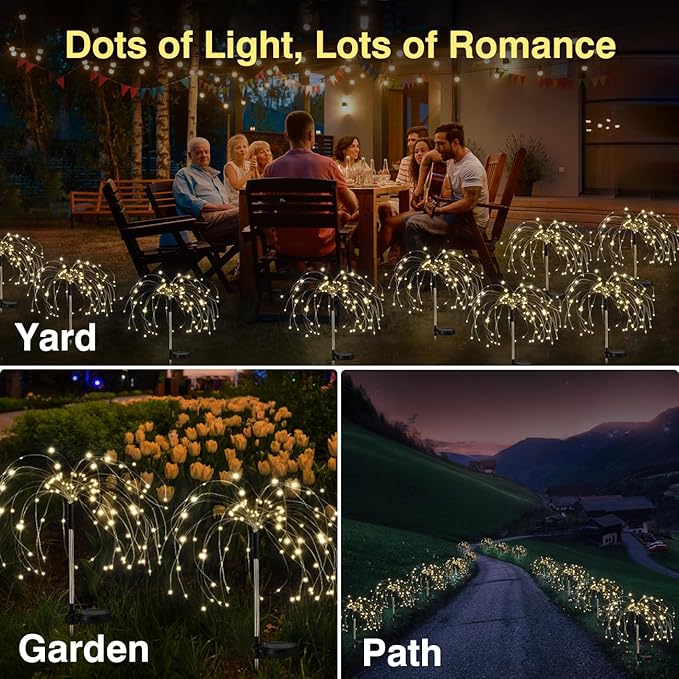 Lewondr Firework Solar Garden Lights 4 Pack, 120 LED Solar Firework Lights with 8 Lighting Modes, Waterproof Sparkler Starburst Solar Lights Outdoor for Yard Porch Patio Backyard, Warm