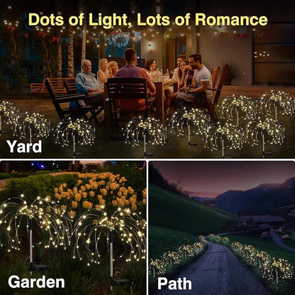 Lewondr Firework Solar Garden Lights 4 Pack, 120 LED Solar Firework Lights with 8 Lighting Modes, Waterproof Sparkler Starburst Solar Lights Outdoor for Yard Porch Patio Backyard, Warm