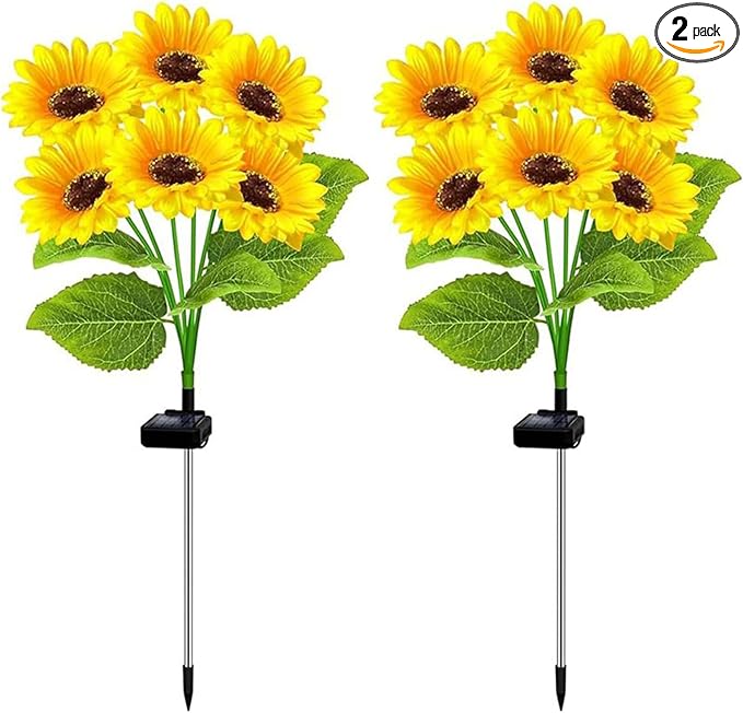 2 Pack Solar Garden Lights Outdoor, Waterproof 6- Sunflower Lights for Yard, Solar Powered Outdoor Lights, Stake Lights for Patio Pathway Lawn Fence