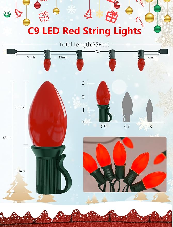 LED C9 Red Christmas Lights Outdoor, 25FT C9 LED Outdoor String Lights with 26 Shatterproof Red Bulbs, Waterproof | Lumora