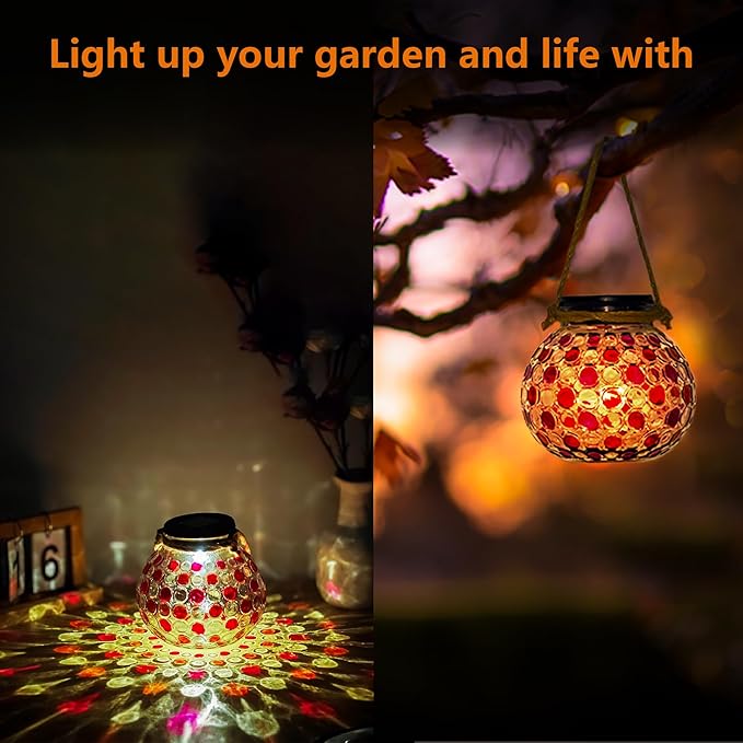 Mosaic Solar Lights Outdoor,Garden Hanging Camping Lanterns Lamp Waterproof, Solar-Powered Led Light for Women Mom Grandma Yard Patio Lawn Pathway Porch Garden Birthday Chrismas Party Décor