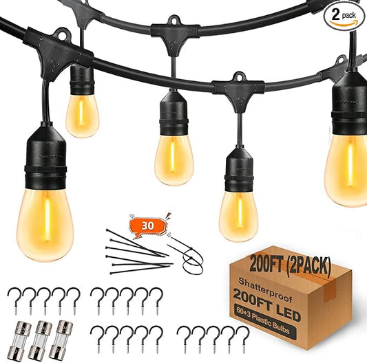 200FT Commercial Outdoor String Lights with 60+3 Replaceable S14 Edison Bulbs 2200K, Weatherproof for Patio Outside, 2Pack Linkable, Hooks and Zip Ties Included