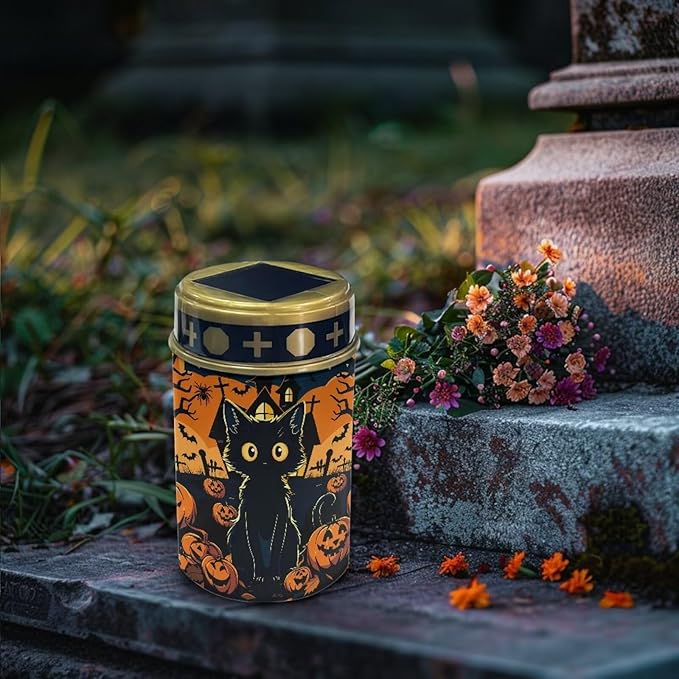 Black Cat Pumpkin Cemetery Solar Lights, Solar Powered Garden Stake Lights, Halloween Decorative Lights for Cemetery Grave Yard Patio Outdoor Decoration Memorial
