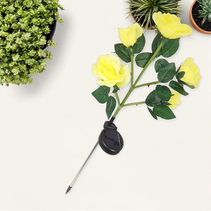 Cabilock 2pcs Solar Garden Flower Lights Outdoor Solar-Powered Yellow Rose Lamp with 5 Heads, Waterproof Landscape Pathway Lawn Stake Lights for Patio and Yard Decor