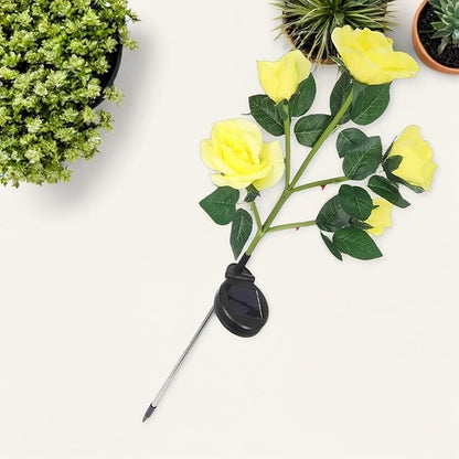 Cabilock 2pcs Solar Garden Flower Lights Outdoor Solar-Powered Yellow Rose Lamp with 5 Heads, Waterproof Landscape Pathway Lawn Stake Lights for Patio and Yard Decor