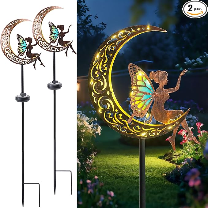 Afirst Solar Garden Lights Outdoor Decor Moon Fairy Stake Lights Waterproof Warm White LED Metal Stake Decor for Outdoor Pathway Yard Lawn Decoration Housewarming Mom Gifts 2 Pack