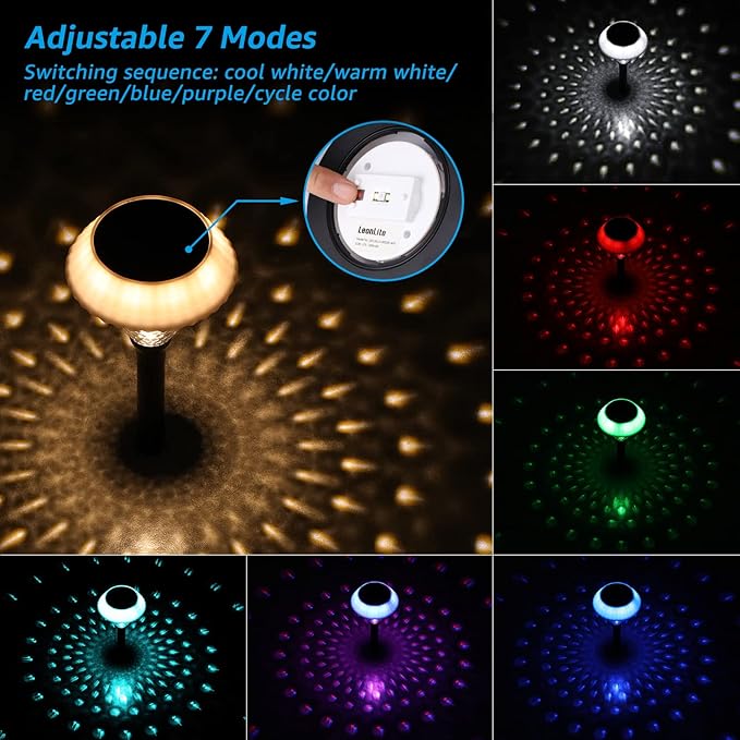 LEONLITE 8-Pack Color Changing Solar LED Pathway Lights, Lawn Lights, Auto On/Off, RGB Selectable, IP65 Waterproof, Sun Powered Pattern Garden Lighting