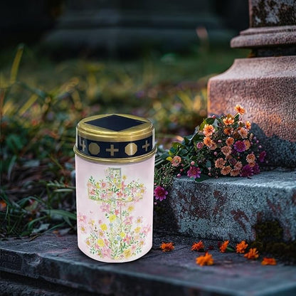 Poceacles Cross Solar Lights Grave Solar Lamp Solar Powered Stake Lights for Grave Site Outdoor Solar Garden Lights Waterproof Grave Lantern for Cemetery Decor, Pink Yellow Floral Cross, Pack of 6