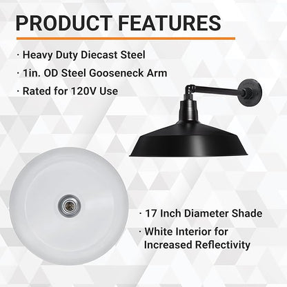 17in. Satin Black Outdoor Gooseneck Barn Light Fixture With 13in. Long Extension Arm - Wall Sconce Farmhouse, Vintage, Antique Style - UL Listed - 9W 900lm A19 LED Bulb (5000K Cool White)