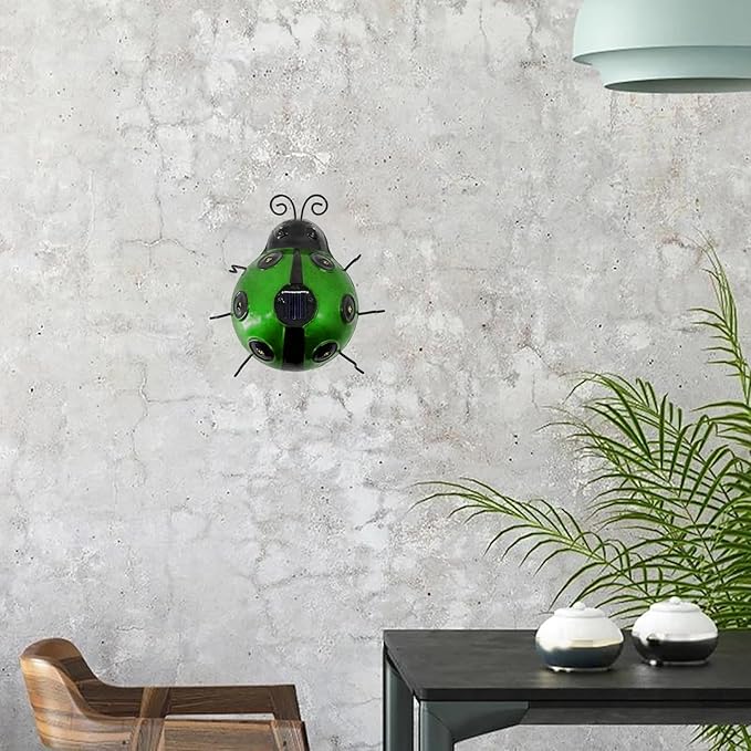 keeda Solar Ladybugs Garden Decor, Waterproof 5.5 Inch Metal Lady Bugs Cute Wall Art LED Garden Light Outside Decor for Porch Lawn Patio Balcony Pathway (Green)