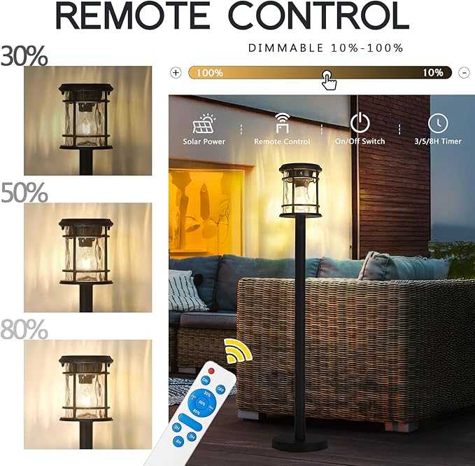 Emliviar Solar LED Outdoor Floor Lamp Waterproof IP43, Auto On/Off Portable Deck Pole Light Fixture, Exterior Black Post Lantern with Water Ripple Glass, XE229PL-S-ML SL BK