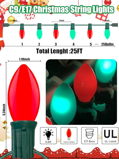 C9 LED Christmas Lights, 25Ft Vintage C9 String Lights with 26 LED Ceramic Red Green Bulbs, Hanging Connectable Christmas String Lights for Patio Garden Holiday Home Decor-Green Wire