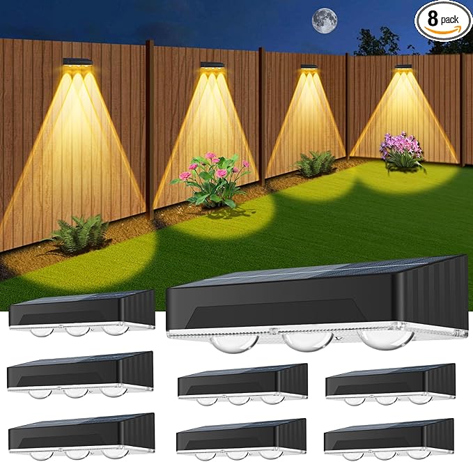 Solar Fence Lights Outdoor 8 Pack Waterproof High Brightness Upgraded 3 LED Lens Solor Deck Lights Warm & Cool White RGB 10 Colors Outside Solar Powered Wall Light for Backyard Patio Step Railing