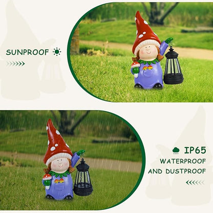Gnome Statue Garden Ornaments Art Outdoor Decoration with Solar Powered LED Lights Decor for Patio,Balcony,Yard, Mum Birthday Gifts, Garden Gifts for Women, Chrismtas Gifts for Mom Grandma