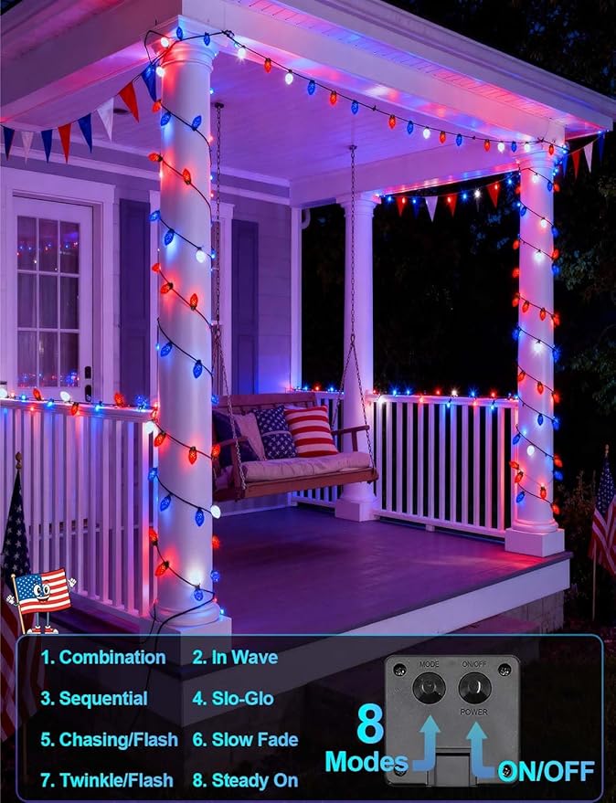 4th of July Decorations C7 Bulb Solar String Lights Outdoor Waterproof 50 LED Red White Blue Solar Lights for Independence Day President Memorial Day Christmas Party Patriotic Decorations