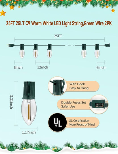 Vintage Christmas Lights Outdoor, 2-Pack（50FT 50 LED Total） C9 Strawberry String Lights, Connectable & Waterproof, Warm White for Classic Holiday Decorations, Home, Patio, and Christmas Tree