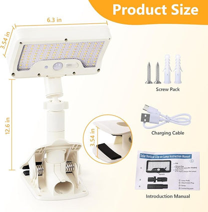 Clip On Solar Lights Outdoor with Motion Sensor, 360°Rotatable & Vertically Adjustable Solar Fence Lights with 92 LEDs (600 LM, 6000 K),IP65 Waterproof Security Light for Deck, Gutter（White, 1 Pack）