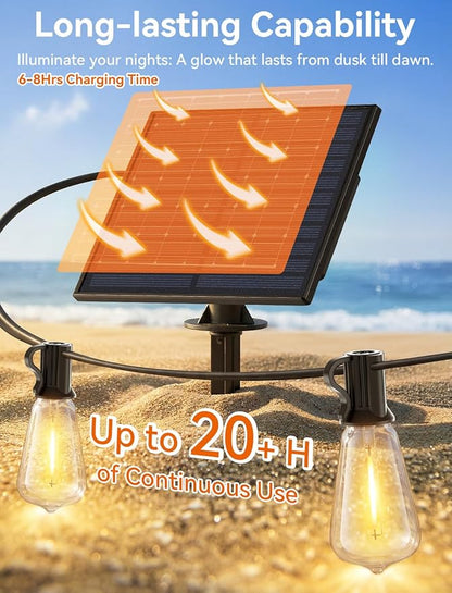 Brightever 50FT Solar String Lights Outdoor Waterproof, Patio Lights Solar Powered with Remote, 18+1 Shatterproof ST38 LED Bulbs, Dimmable&3 Lighting Modes, Hanging Outdoor Lights for Garden, Wedding