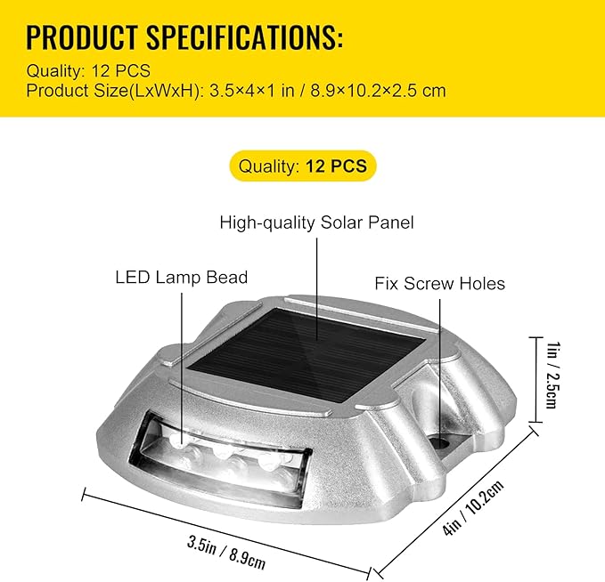 Happybuy 12-Pack Solar Driveway Lights: Bright White, 6 LEDs, Waterproof, Aluminum, Silver