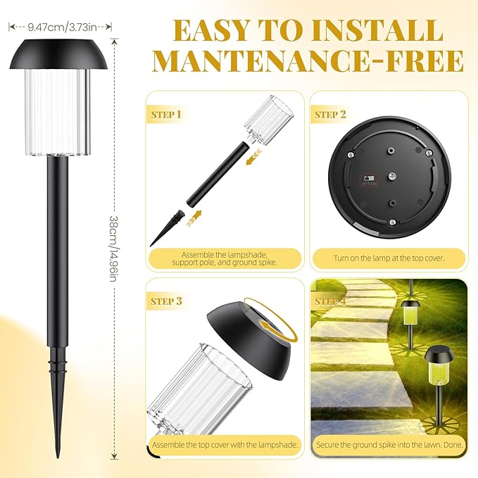 2 Pack Solar Pathway Lights Outdoor, New Upgraded Waterproof LED Lights, 3 Variants (Warm White/Golden/7-Color Slow Flash) with Unique Lamp Shade Patterns, for Garden (2-Pack Golden Light)