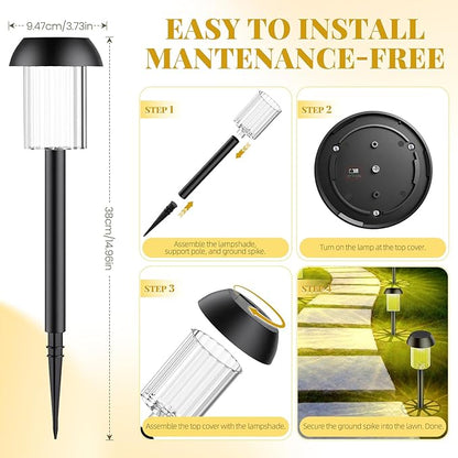 2 Pack Solar Pathway Lights Outdoor, New Upgraded Waterproof LED Lights, 3 Variants (Warm White/Golden/7-Color Slow Flash) with Unique Lamp Shade Patterns, for Garden (2-Pack Golden Light)
