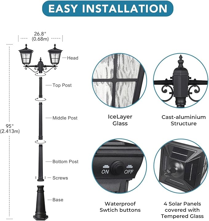 Kemeco Solar Lamp Post Light, ST4311AB1-2 Dusk to Dawn Outdoor Bright Street Post Light for Yard Garden Patio | Lumora