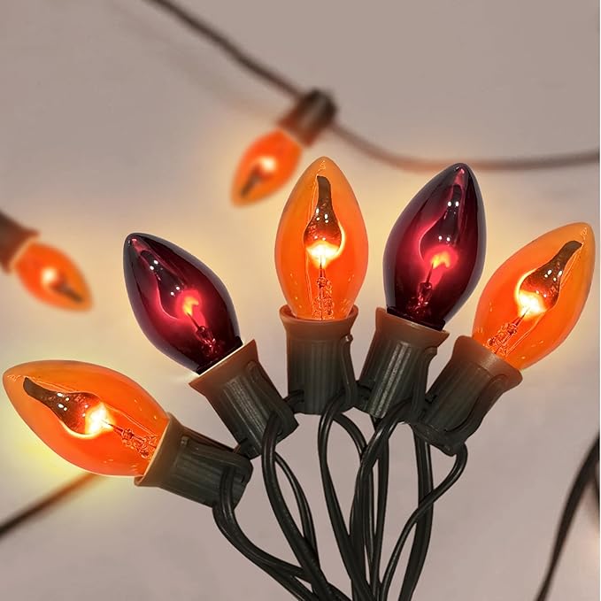 25Ft C7 Halloween Orange Purple String Lights Outdoor, Christmas Decorations Patio Light with 25 Orange/Purple Flickering Flame Lights Waterproof UL Listed for Outdoor Party Garden Bistro Roof Decor