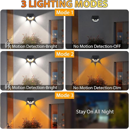2-in-1 Solar Motion Lights, 270° Wide Angle Illumination Fence Lights, 3 Modes, 54LEDs White Light & 4LEDs Warm Light, IP64 Waterproof, Outdoor Wall Light for Pathway, Yard, Garden, 4 Pack