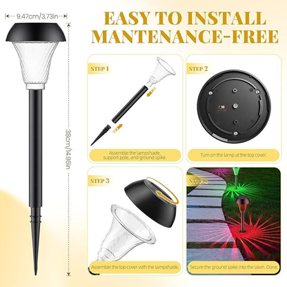 2 Pack Solar Pathway Lights Outdoor, New Upgraded Waterproof LED Lights, 3 Variants (Warm White/Golden/7-Color Slow Flash) with Unique Lamp Shade Patterns, for Garden (2-Pack Colorful Light)