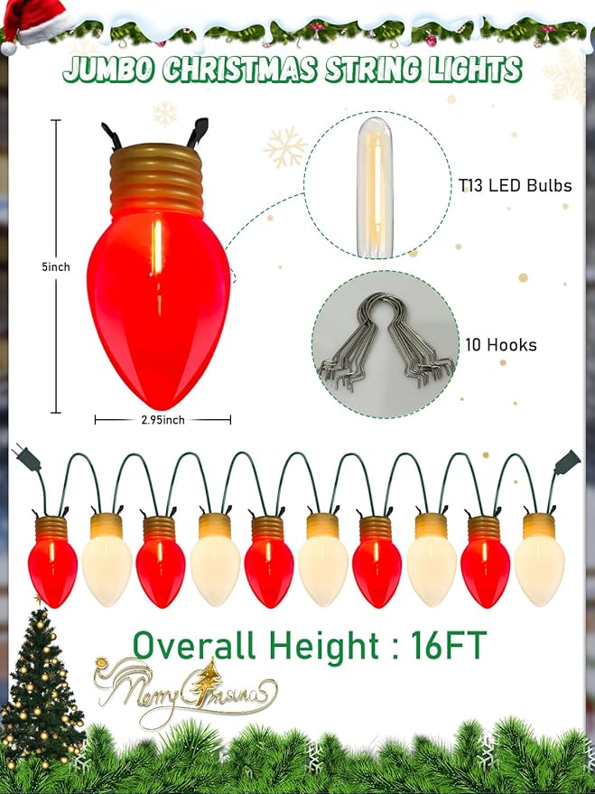 SUNSGNE Red and White Christmas Lights Outdoor, 16FT Jumbo Hanging Christmas Lights with 10 Count 5'' Solid Red and White LED Bulbs for Xmas Roofline Patio Yard Porch Balcony Decorations