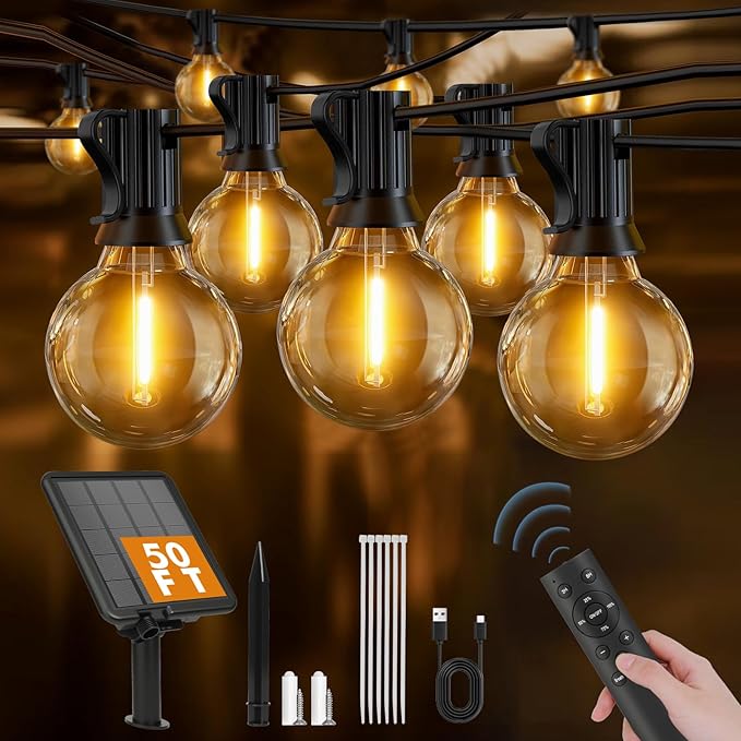 Solar String Lights Outdoor 50ft - 18+1 Shatterproof & Waterproof G40 LED Bulbs, Remote Control w/ 4 Dimming,3 Light Modes & Timer, Waterproof IP65 for Patio, Garden, Camping, Party, Christmas Décor