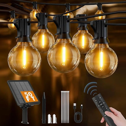 Solar String Lights Outdoor 50ft - 18+1 Shatterproof & Waterproof G40 LED Bulbs, Remote Control w/ 4 Dimming,3 Light Modes & Timer, Waterproof IP65 for Patio, Garden, Camping, Party, Christmas Décor