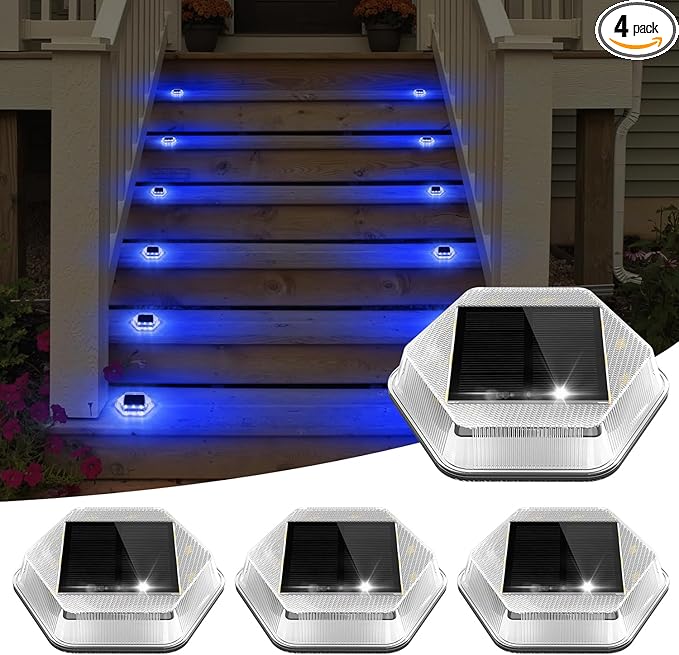 Solar Deck Lights Dock Step Lights- 4 Packs Waterproof 1200mAh Auto ON/Off LED Solor Powered Stair Lighting for Outdoor Garden, Patio, Pathway, Walkway, Driveway (Blue)