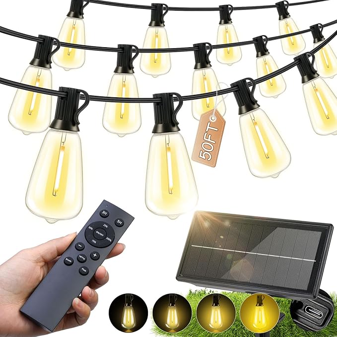 Solar Lights Outdoor Waterproof: ST38 50FT 15M Shatterproof Bulbs Patio Lights - Solar Powered & USB Charging | Lumora