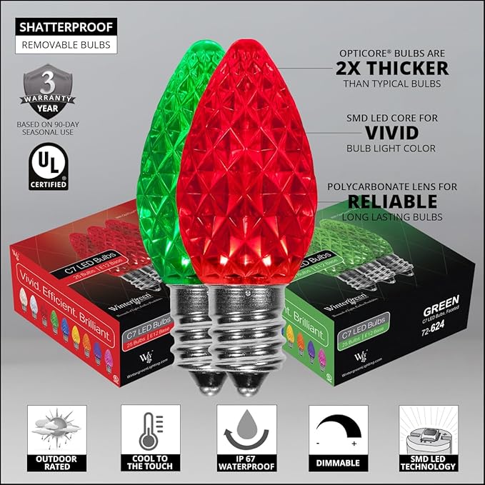 Wintergreen Lighting Set of 100 Red and Green C7 OptiCore Outdoor Christmas Lights - Commercial LED Bulbs for | Lumora
