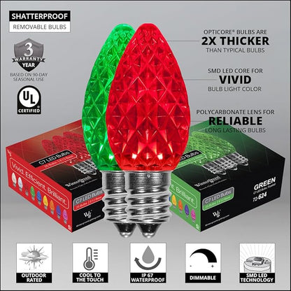 Wintergreen Lighting Set of 100 Red and Green C7 OptiCore Outdoor Christmas Lights - Commercial LED Bulbs for Holiday Displays with SPT1 18 Gauge Green Wire (100 ft)