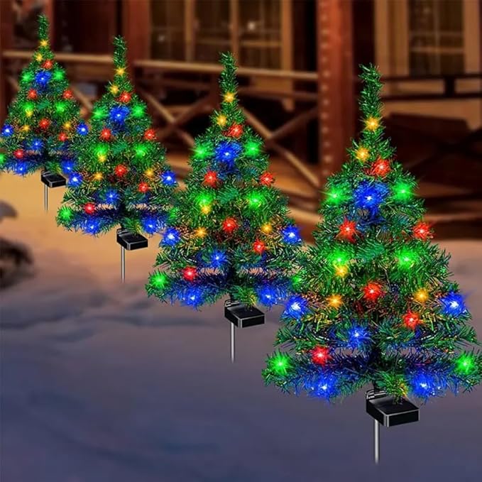 Solar Christmas Tree Lights Holiday Decorations, Outdoor Courtyards Solar Powered Artificial Xmas Tree for Yard Porch Pathway, LED Mini Christmas Decor for Outside Garden Patio Lawn(4PCS)