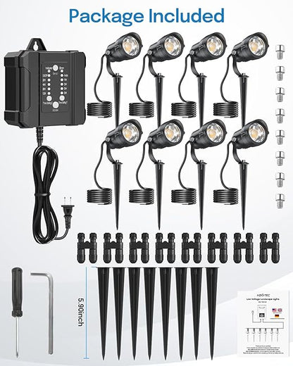 HIBOITEC Low Voltage Landscape Lighting 1200LM 12W with Connectors 100W Transformer Photocell Sensor and Timer Spotlights Landscape Lights Kit IP65 Waterproof 5000K for House Yard Trees Garden 8 Packs