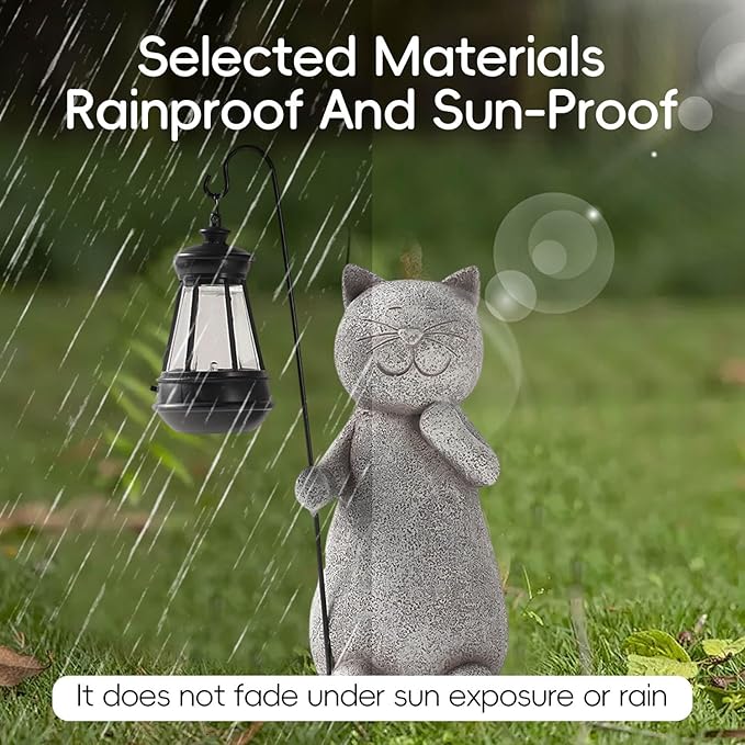 Garden Decor Solar Statue Lights, Outdoor Statues Cat with Solar Lantern, Resin Cats Figurine for Patio Lawn Front Porch Yard Decoration - Housewarming Birthday Gifts for Mom Grandma Women