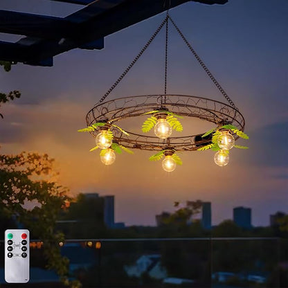 Battery Operated Outdoor Chandelier, Decorative Hanging Pendant Lights with 6pcs G40 Bulbs, Rust Finish Metal Wire Floral shade, Brightness Adjustable with Timer for Pergola Gazebo Porch Patio Decor