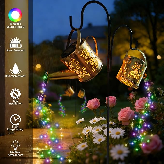 DDQ Solar Watering Can Lights, Warm White/Color LED with Shepherd Hook, IP65 Waterproof Metal Garden Decor, Auto | Lumora