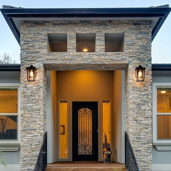 LALUZ Outdoor Porch Light Fixture Exterior Wall Sconce Lantern Mount with Seeded Glass for Patio, Balcony, Front Door, Entryway or Corridor (Black Finish), A03319s
