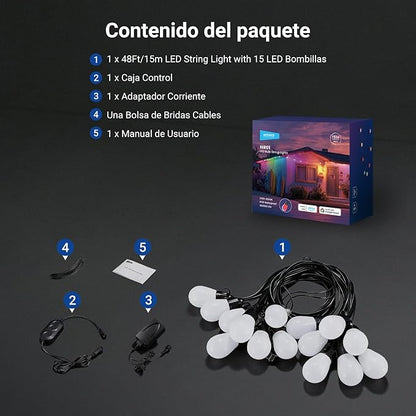 NEEWER 48ft Outdoor String Lights, App Control Smart AI RGBW Hanging Outside Patio Balcony Backyard Holiday Lighting, IP65 Waterproof, 15 LED Bulbs, 50+ Scenes, Compatible with Alexa Google, NR01